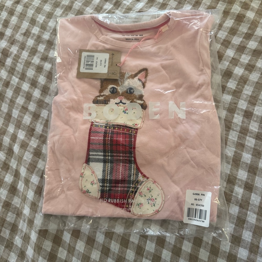 Boden Girls Superstitch Chalk Pink Long Sleeve T-Shirt with Cat and Plaid Design